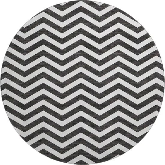 8' Black And Ivory Chevron Washable Round Rug With UV Protection Photo 1