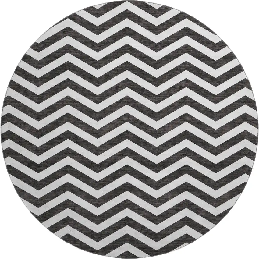 8' Black And Ivory Chevron Washable Round Rug With UV Protection Photo 1
