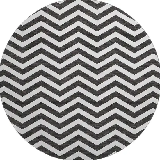 8' Black And Ivory Chevron Washable Round Rug With UV Protection Photo 4