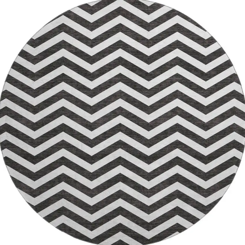 8' Black And Ivory Chevron Washable Round Rug With UV Protection Photo 4