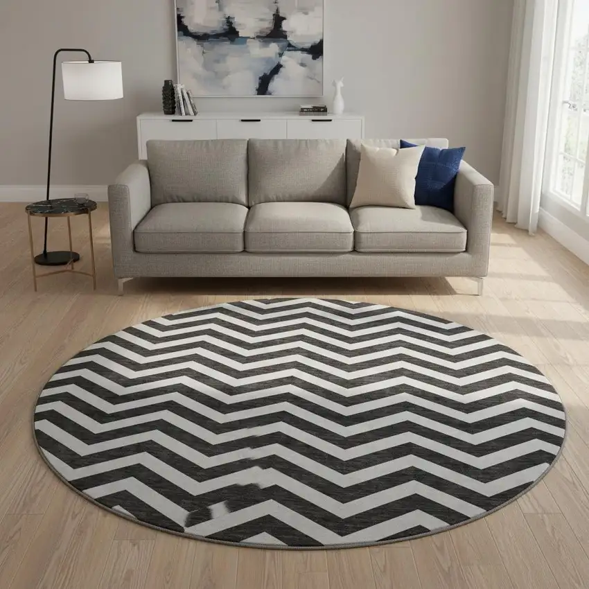 8' Black And Ivory Chevron Washable Round Rug With UV Protection Photo 2