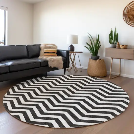 8' Black And Ivory Chevron Washable Round Rug With UV Protection Photo 5