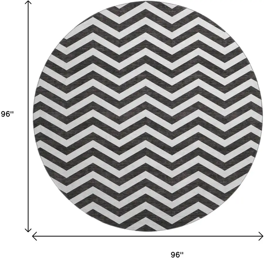 8' Black And Ivory Chevron Washable Round Rug With UV Protection Photo 3