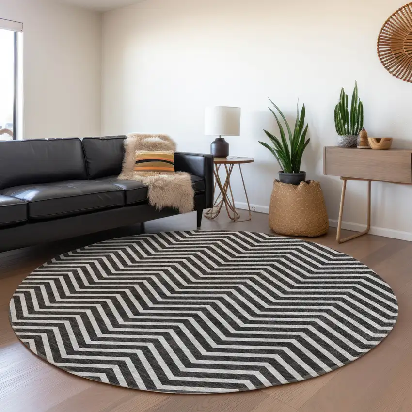 8' Black And Ivory Chevron Washable Round Rug With UV Protection Photo 4
