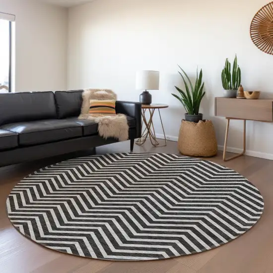 8' Black And Ivory Chevron Washable Round Rug With UV Protection Photo 4
