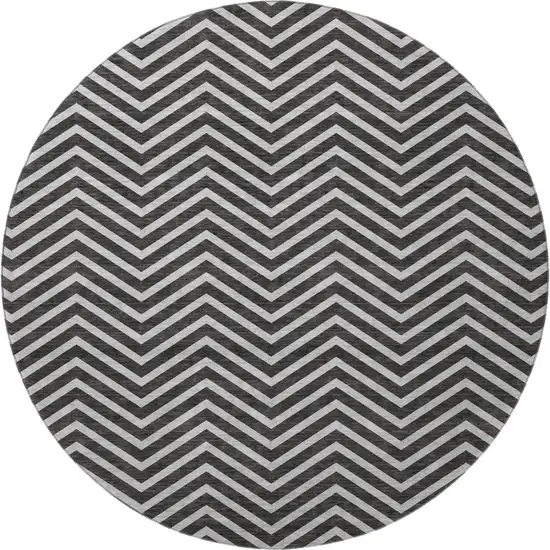 8' Black And Ivory Chevron Washable Round Rug With UV Protection Photo 3