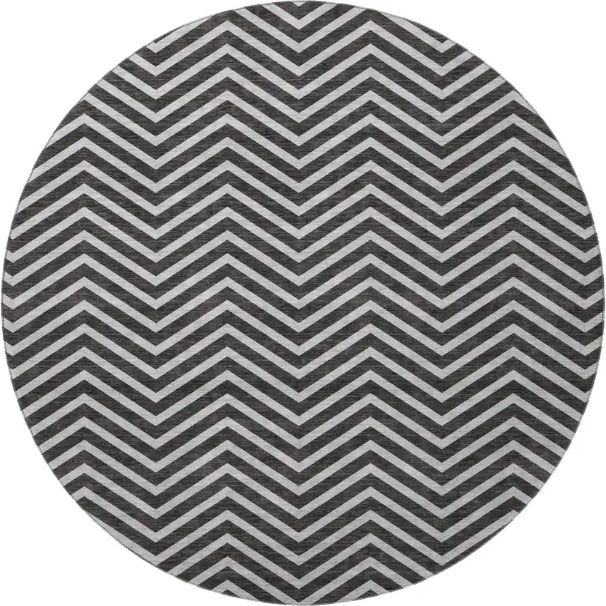 8' Black And Ivory Chevron Washable Round Rug With UV Protection Photo 3
