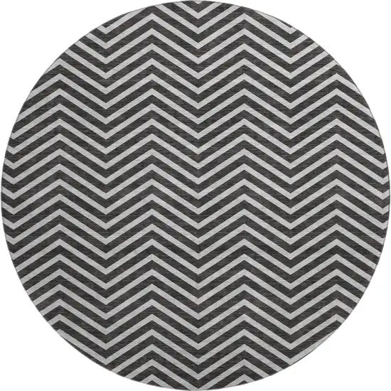 8' Black And Ivory Chevron Washable Round Rug With UV Protection Photo 1