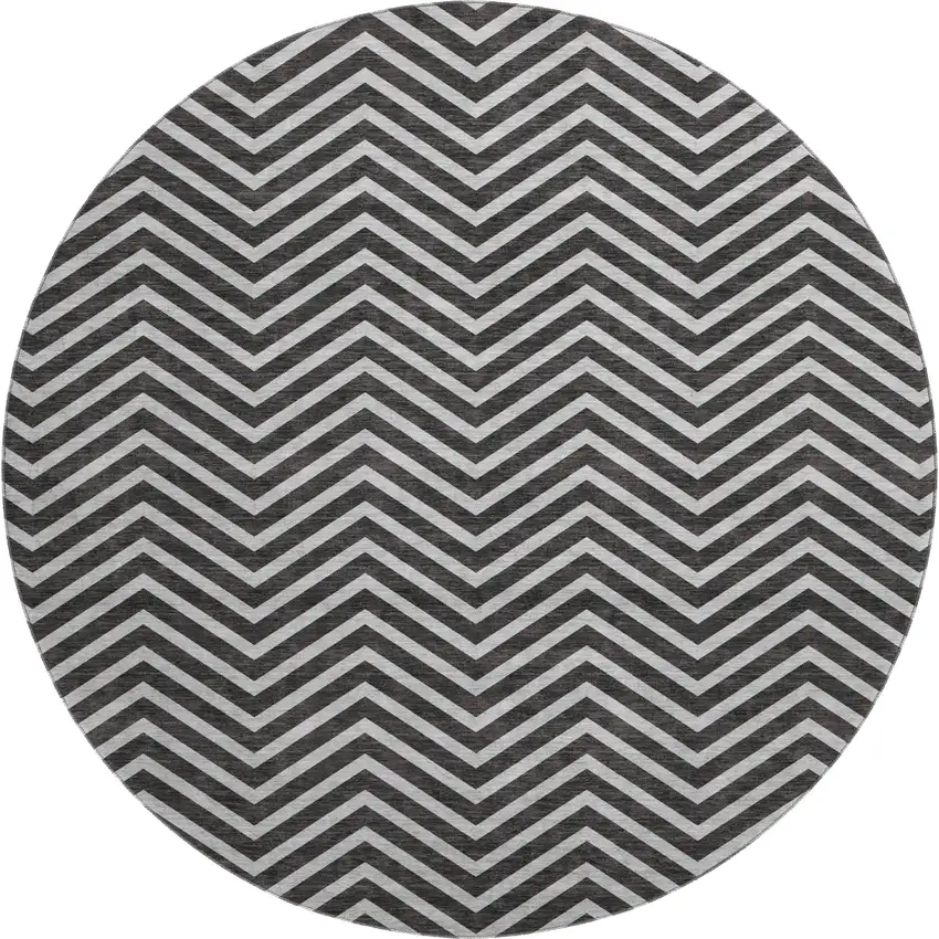 8' Black And Ivory Chevron Washable Round Rug With UV Protection Photo 1