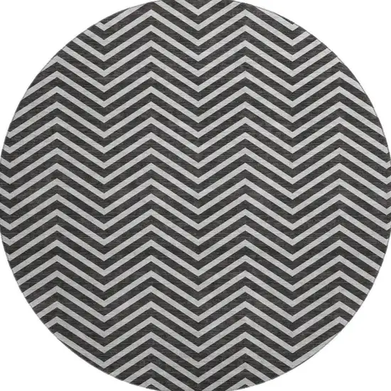 8' Black And Ivory Chevron Washable Round Rug With UV Protection Photo 2