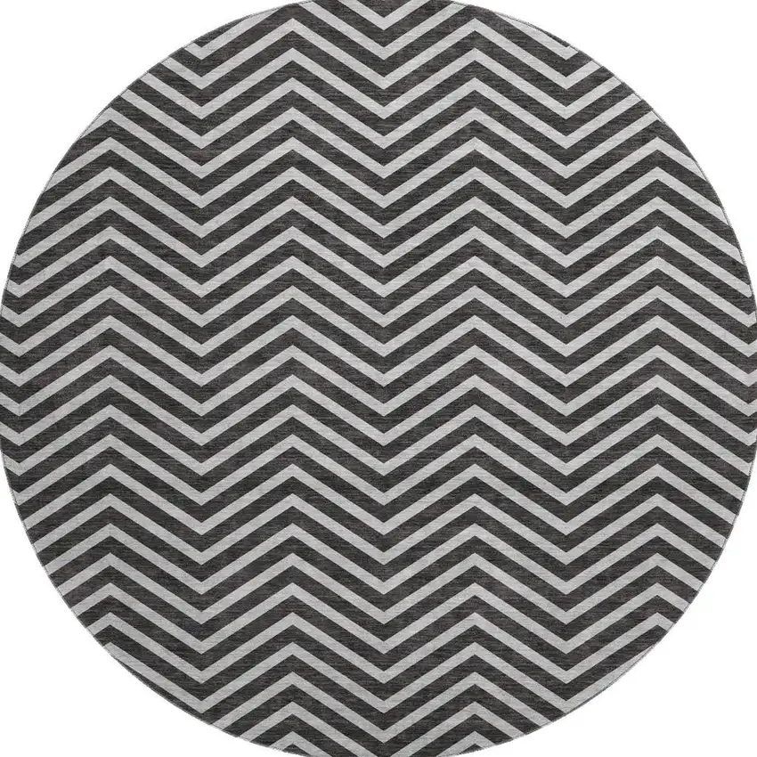 8' Black And Ivory Chevron Washable Round Rug With UV Protection Photo 2