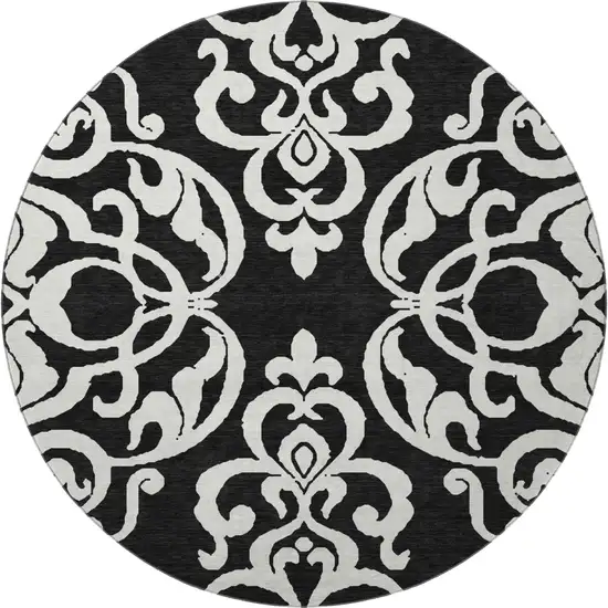 8' Black And Ivory Damask Washable Round Rug With UV Protection Photo 3