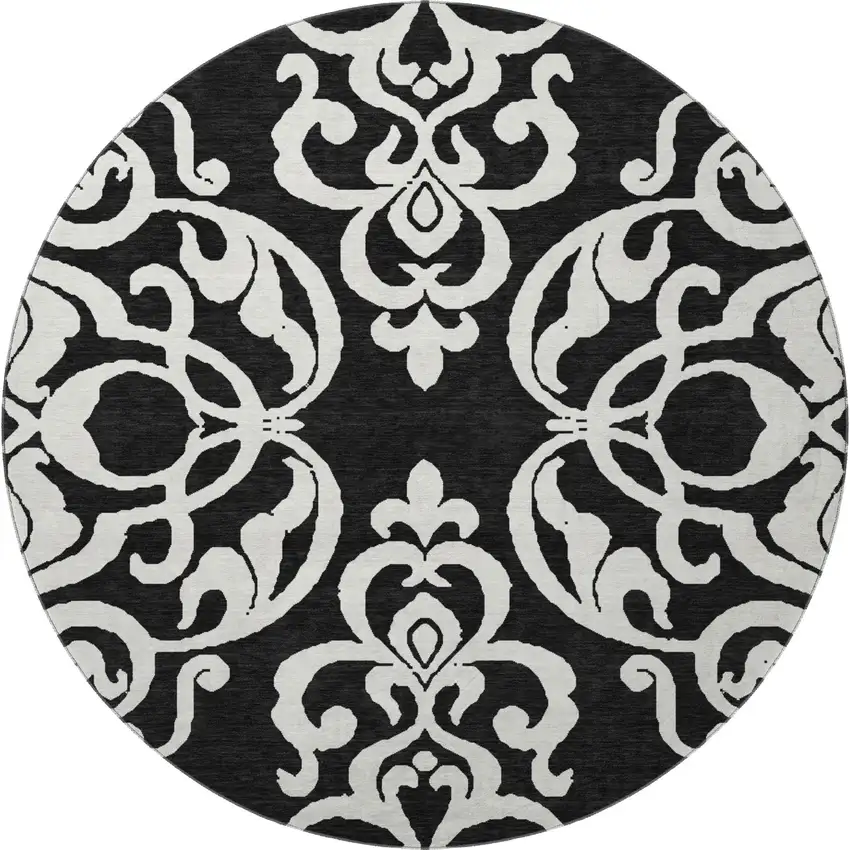 8' Black And Ivory Damask Washable Round Rug With UV Protection Photo 3