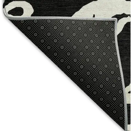 8' Black And Ivory Damask Washable Round Rug With UV Protection Photo 5