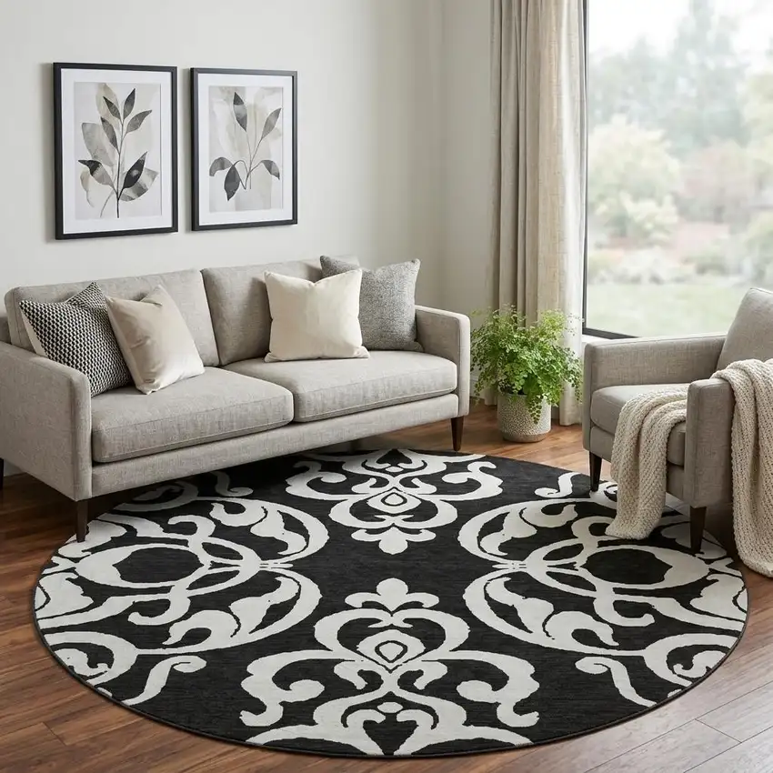8' Black And Ivory Damask Washable Round Rug With UV Protection Photo 1