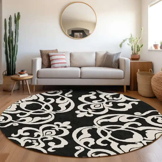 8' Black And Ivory Damask Washable Round Rug With UV Protection Photo 4