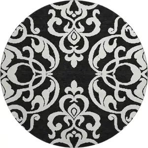 Photo of 8' Black And Ivory Damask Washable Round Rug With UV Protection
