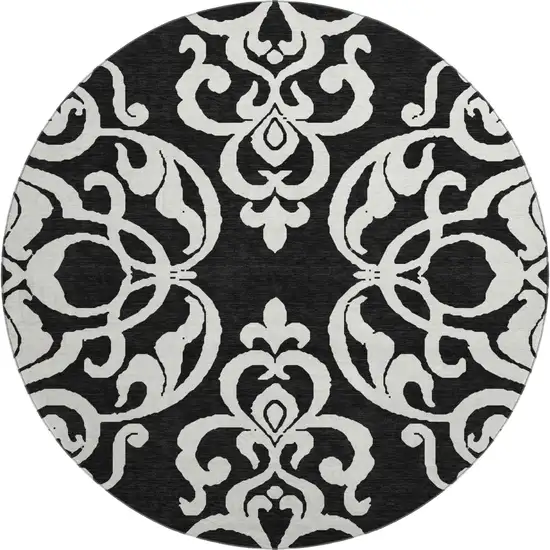 8' Black And Ivory Damask Washable Round Rug With UV Protection Photo 1
