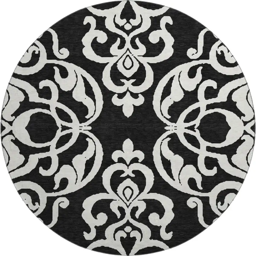 8' Black And Ivory Damask Washable Round Rug With UV Protection Photo 1
