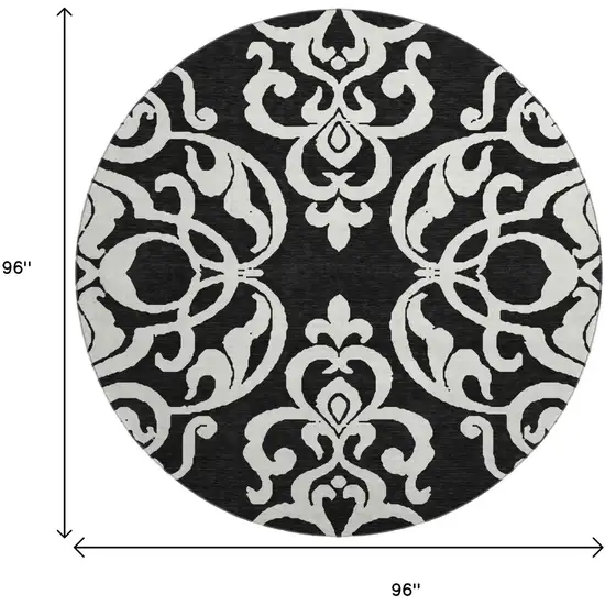 8' Black And Ivory Damask Washable Round Rug With UV Protection Photo 9