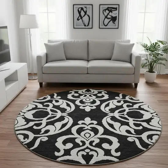 8' Black And Ivory Damask Washable Round Rug With UV Protection Photo 2