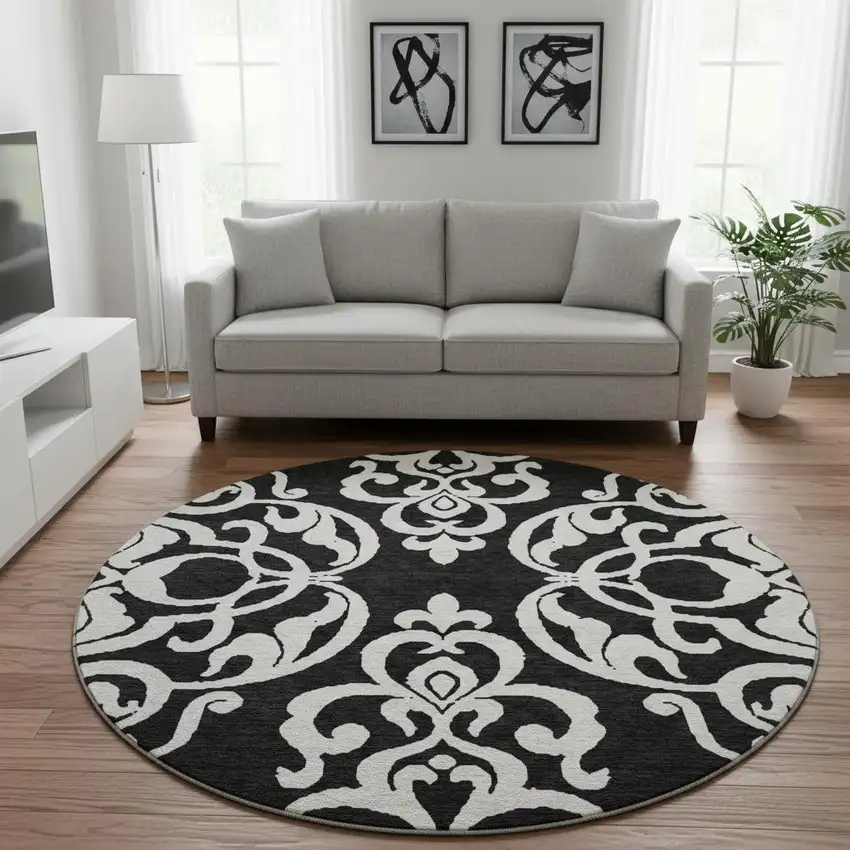 8' Black And Ivory Damask Washable Round Rug With UV Protection Photo 2