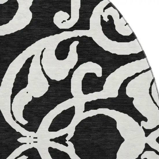 8' Black And Ivory Damask Washable Round Rug With UV Protection Photo 2