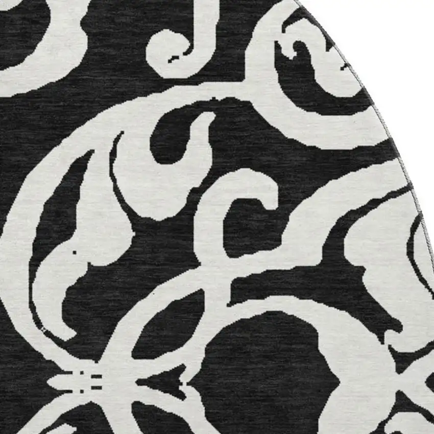 8' Black And Ivory Damask Washable Round Rug With UV Protection Photo 2