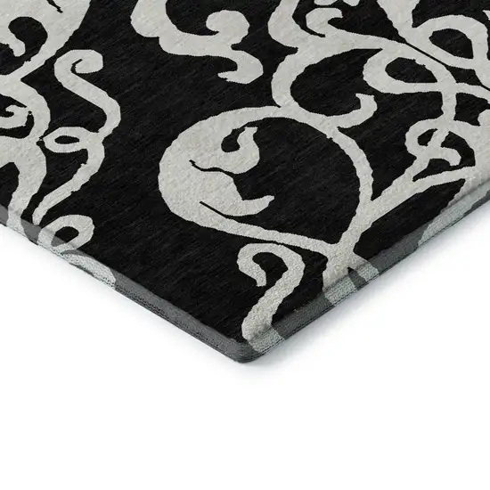 8' Black And Ivory Damask Washable Round Rug With UV Protection Photo 6
