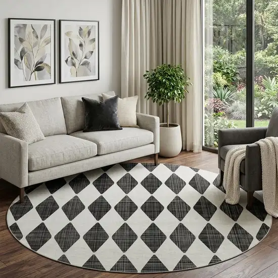 8' Black And Ivory Diamond Washable Round Rug With UV Protection Photo 1