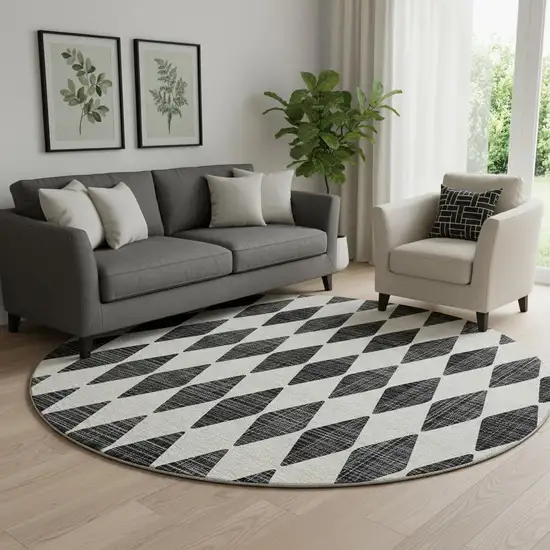 8' Black And Ivory Diamond Washable Round Rug With UV Protection Photo 1