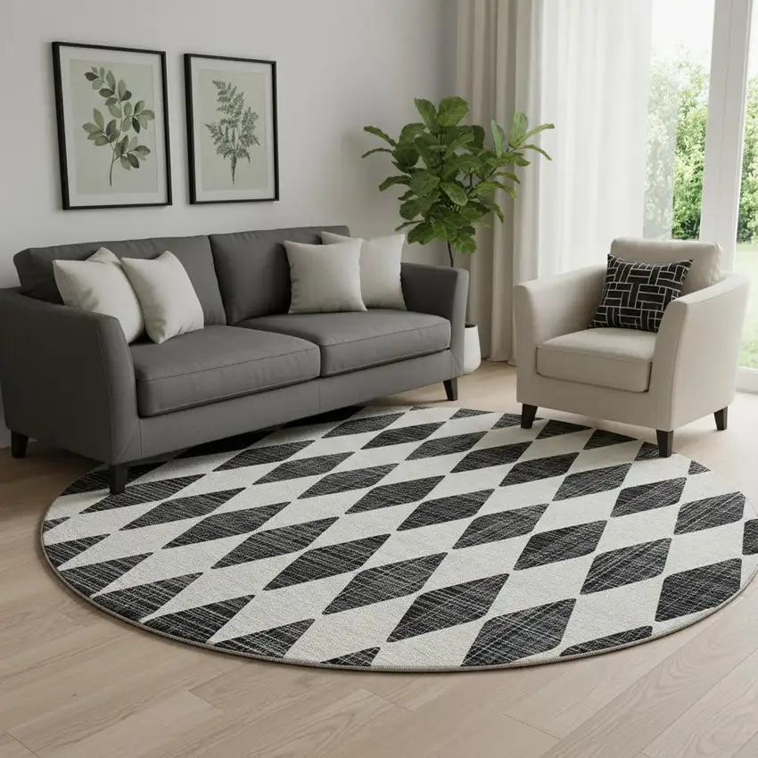 8' Black And Ivory Diamond Washable Round Rug With UV Protection Photo 1