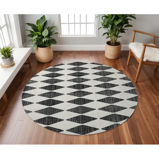 8' Black And Ivory Diamond Washable Round Rug With UV Protection Photo 2