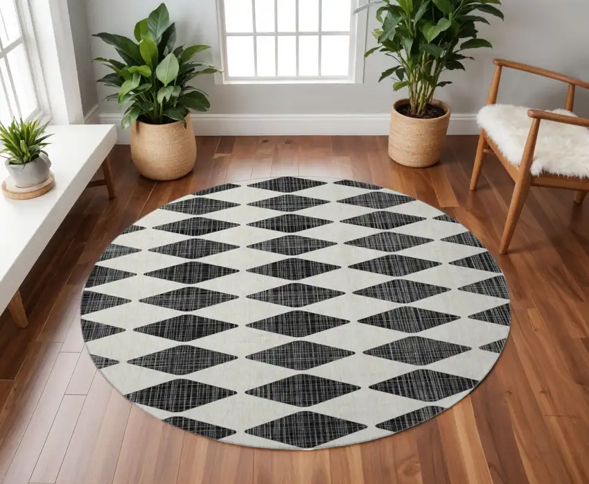 8' Black And Ivory Diamond Washable Round Rug With UV Protection Photo 2