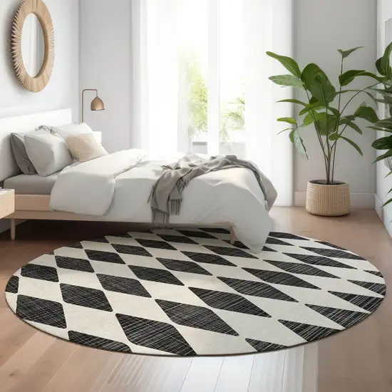 8' Black And Ivory Diamond Washable Round Rug With UV Protection Photo 5