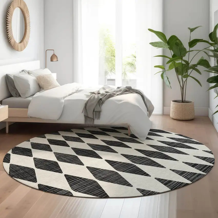 8' Black And Ivory Diamond Washable Round Rug With UV Protection Photo 5