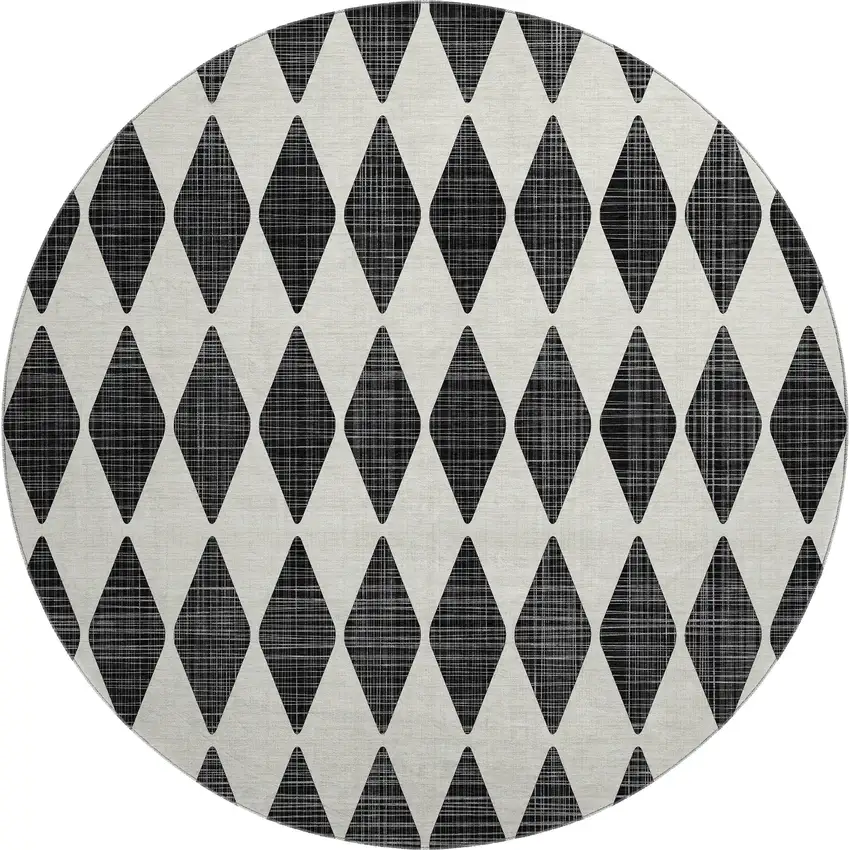 8' Black And Ivory Diamond Washable Round Rug With UV Protection Photo 1