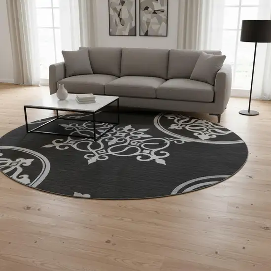 8' Black And Ivory Floral Medallion Washable Round Rug With UV Protection Photo 2