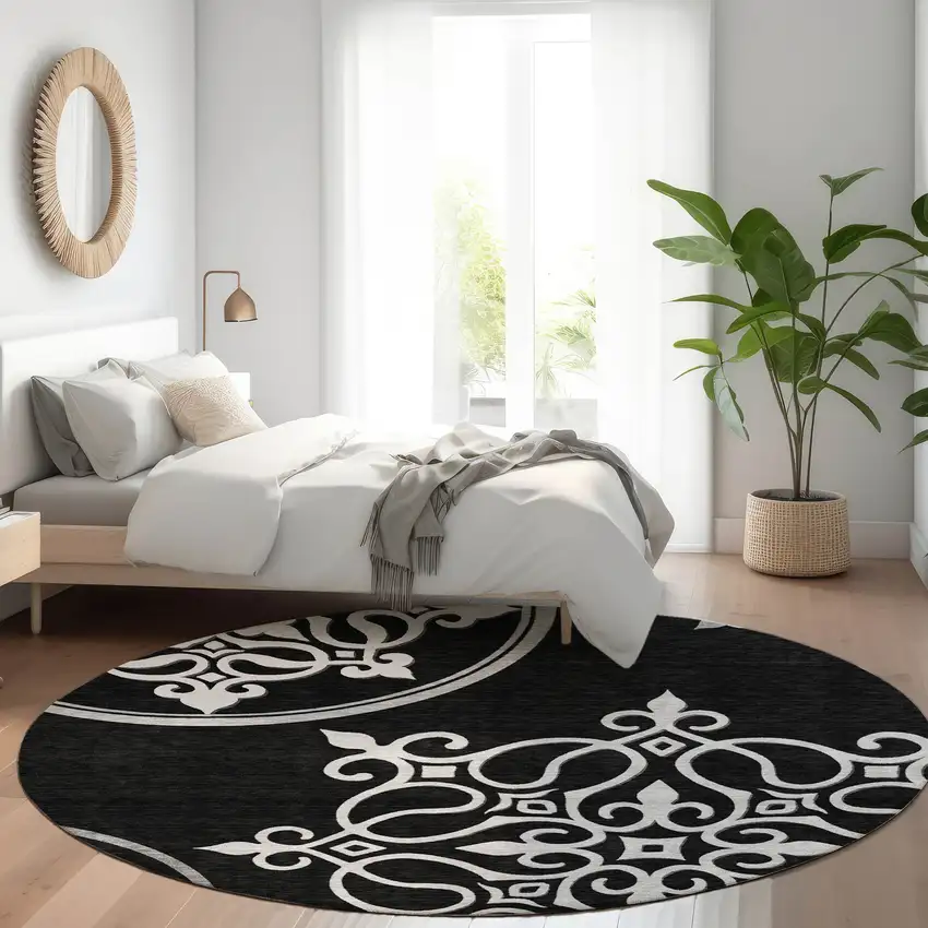 8' Black And Ivory Floral Medallion Washable Round Rug With UV Protection Photo 5