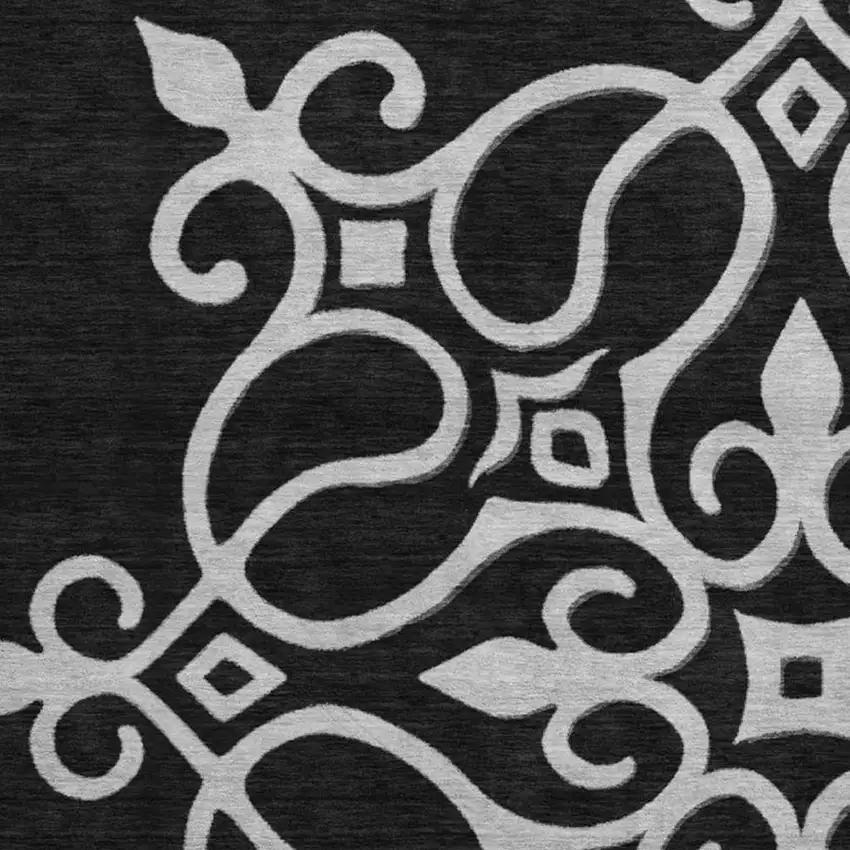 8' Black And Ivory Floral Medallion Washable Round Rug With UV Protection Photo 3