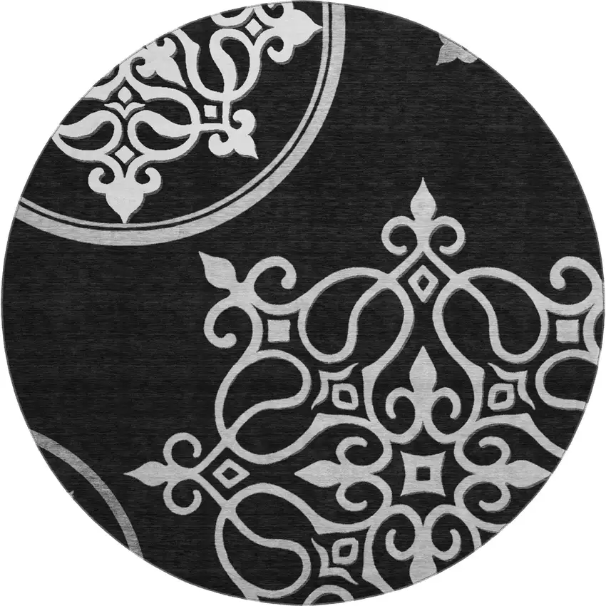 8' Black And Ivory Floral Medallion Washable Round Rug With UV Protection Photo 1