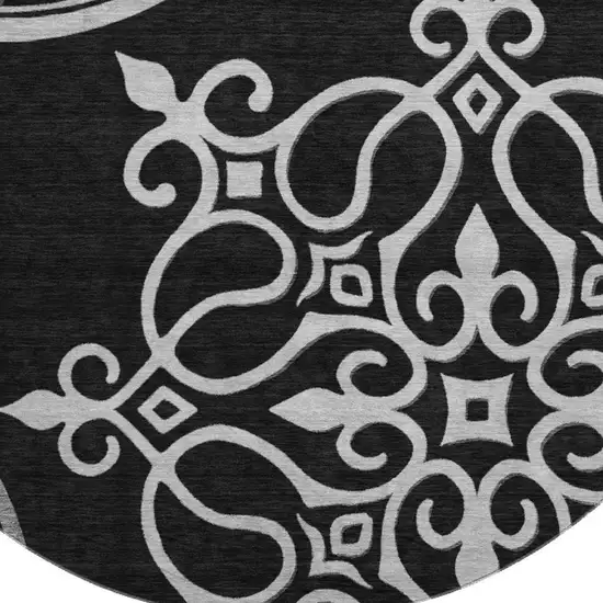 8' Black And Ivory Floral Medallion Washable Round Rug With UV Protection Photo 4