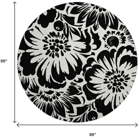 8' Black And Ivory Floral Washable Round Rug With UV Protection Photo 9