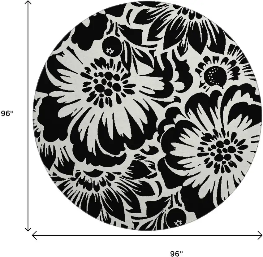 8' Black And Ivory Floral Washable Round Rug With UV Protection Photo 9