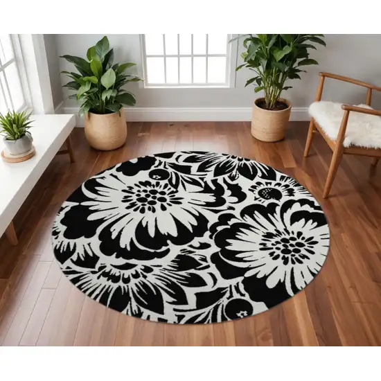 8' Black And Ivory Floral Washable Round Rug With UV Protection Photo 2