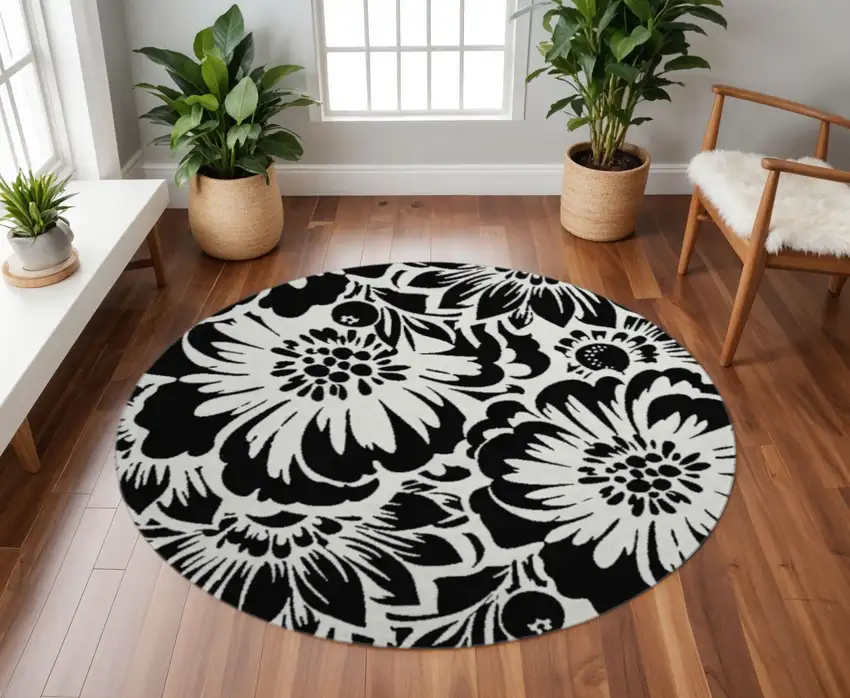 8' Black And Ivory Floral Washable Round Rug With UV Protection Photo 2
