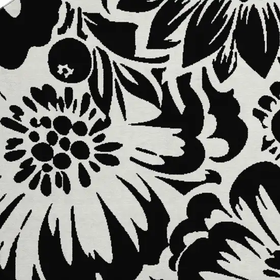 8' Black And Ivory Floral Washable Round Rug With UV Protection Photo 3