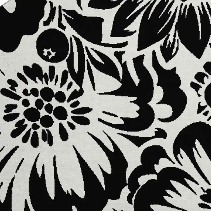 8' Black And Ivory Floral Washable Round Rug With UV Protection Photo 3