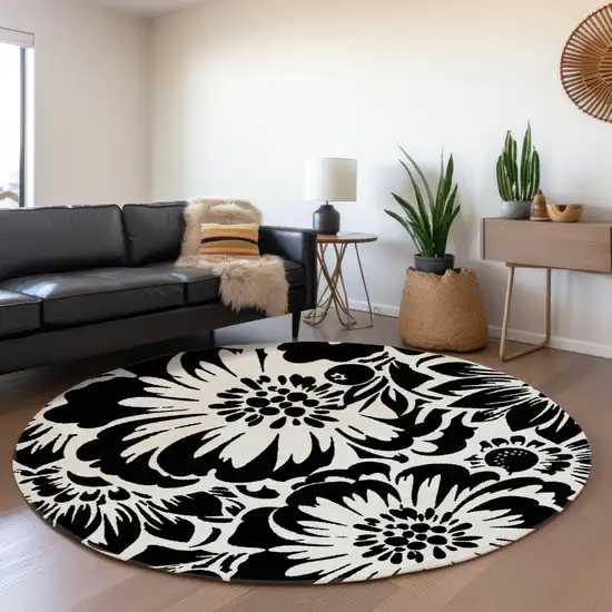 8' Black And Ivory Floral Washable Round Rug With UV Protection Photo 5