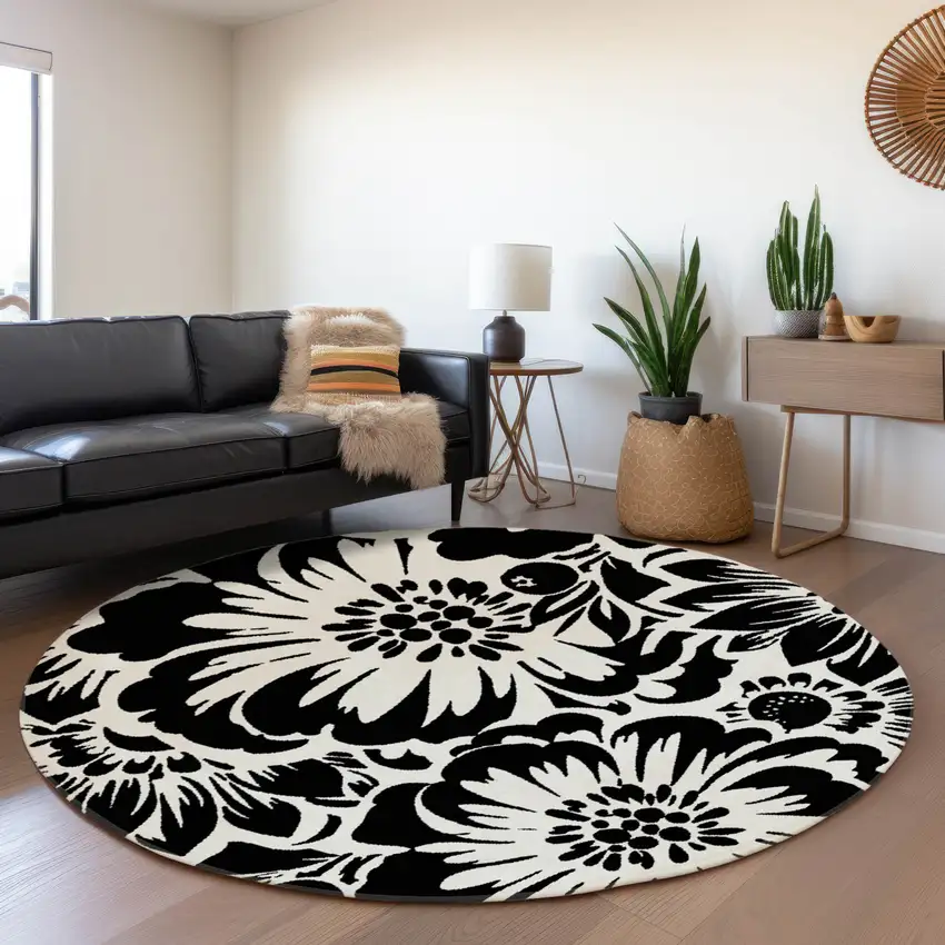 8' Black And Ivory Floral Washable Round Rug With UV Protection Photo 5